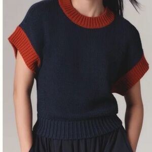 Maeve by Anthropologie || the Pippa crewneck cap sleeve sweater in blue pattern